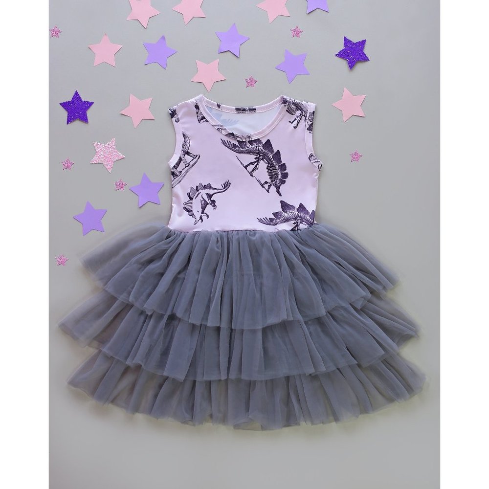 Pink and Gray Dino Tutu Dress- Girls Tutu Dress, Gray Dinosaur Tutu Dress, Birth